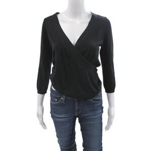 Max Mara Women Wrap Sweater Black V-Neck 3/4 Sleeve Classic Size L